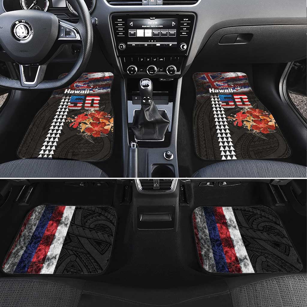 Hawaii Statehood Day Car Mats 50th state of the United States Kakau Tattoos and Hibiscus Grunge - Polynesian Pride