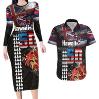Hawaii Statehood Day Couples Matching Long Sleeve Bodycon Dress and Hawaiian Shirt 50th state of the United States Kakau Tattoos and Hibiscus Grunge - Polynesian Pride