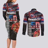 Hawaii Statehood Day Couples Matching Long Sleeve Bodycon Dress and Long Sleeve Button Shirt 50th state of the United States Kakau Tattoos and Hibiscus Grunge - Polynesian Pride