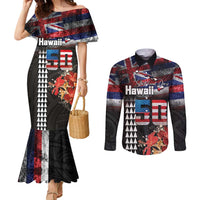 Hawaii Statehood Day Couples Matching Mermaid Dress and Long Sleeve Button Shirt 50th state of the United States Kakau Tattoos and Hibiscus Grunge - Polynesian Pride