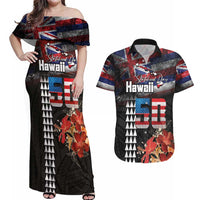 Hawaii Statehood Day Couples Matching Off Shoulder Maxi Dress and Hawaiian Shirt 50th state of the United States Kakau Tattoos and Hibiscus Grunge - Polynesian Pride