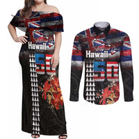 Hawaii Statehood Day Couples Matching Off Shoulder Maxi Dress and Long Sleeve Button Shirt 50th state of the United States Kakau Tattoos and Hibiscus Grunge - Polynesian Pride