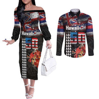 Hawaii Statehood Day Couples Matching Off The Shoulder Long Sleeve Dress and Long Sleeve Button Shirt 50th state of the United States Kakau Tattoos and Hibiscus Grunge - Polynesian Pride