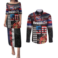 Hawaii Statehood Day Couples Matching Puletasi and Long Sleeve Button Shirt 50th state of the United States Kakau Tattoos and Hibiscus Grunge LT03 Black - Polynesian Pride