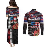 Hawaii Statehood Day Couples Matching Puletasi and Long Sleeve Button Shirt 50th state of the United States Kakau Tattoos and Hibiscus Grunge LT03 - Polynesian Pride