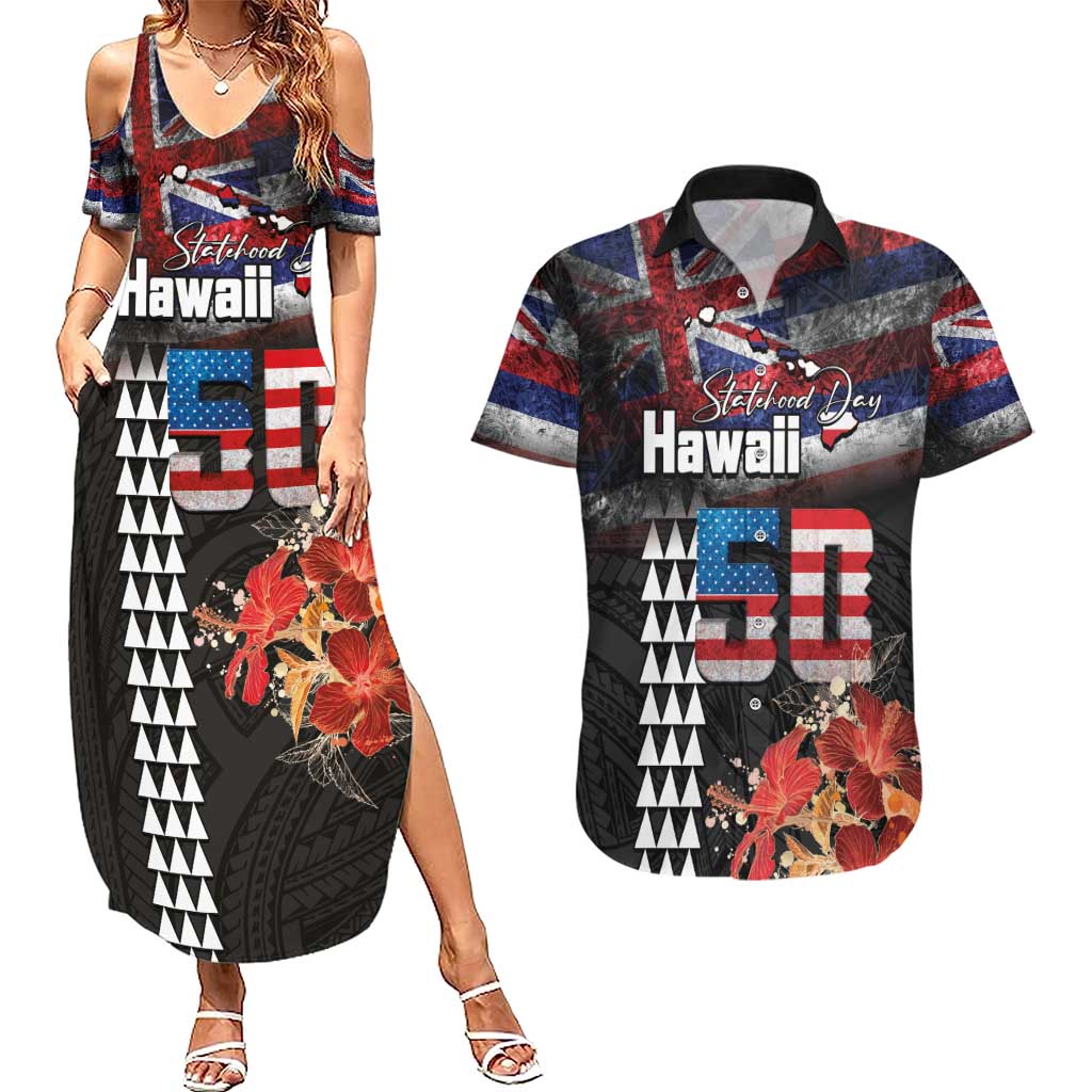 Hawaii Statehood Day Couples Matching Summer Maxi Dress and Hawaiian Shirt 50th state of the United States Kakau Tattoos and Hibiscus Grunge - Polynesian Pride