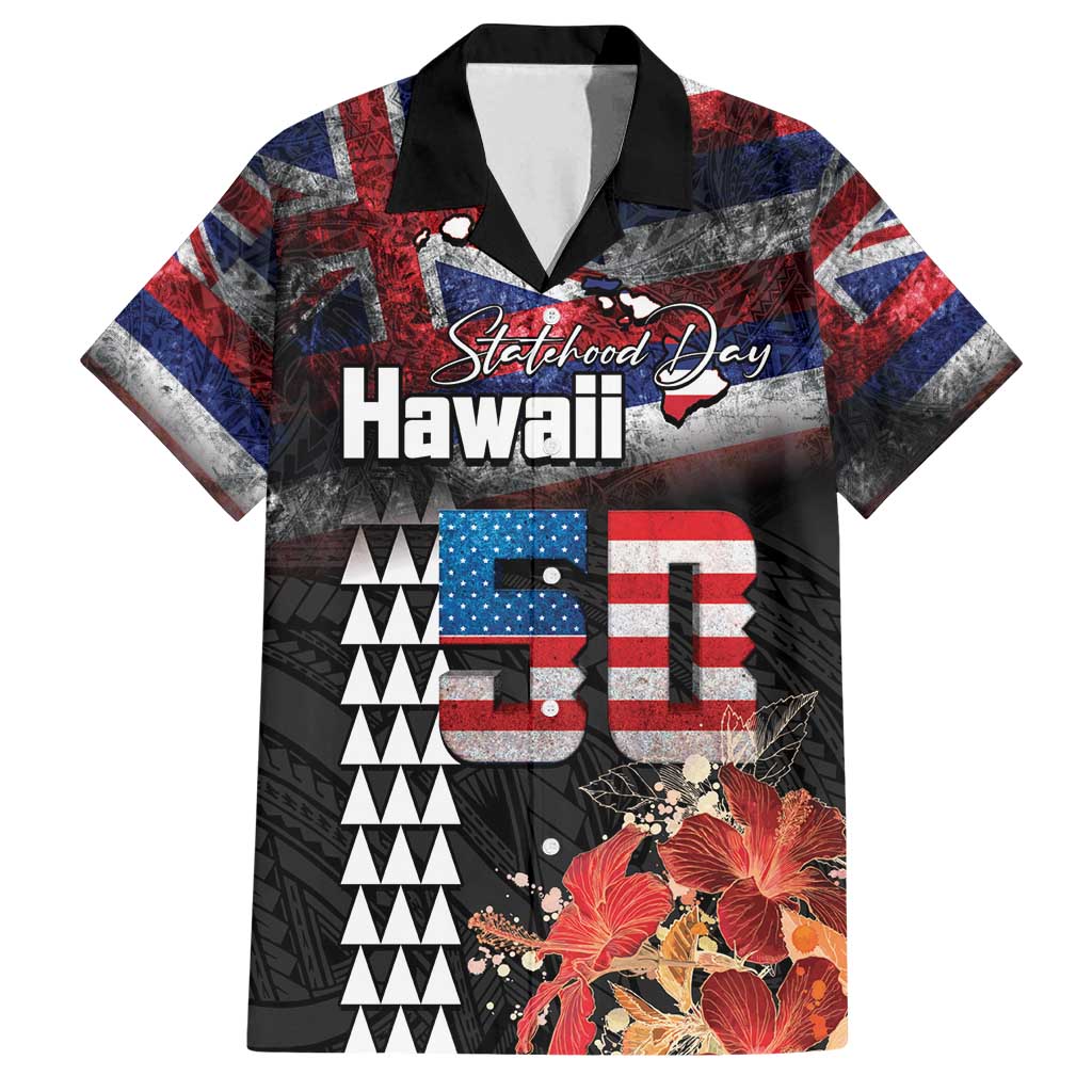 Hawaii Statehood Day Family Matching Long Sleeve Bodycon Dress and Hawaiian Shirt 50th state of the United States Kakau Tattoos and Hibiscus Grunge - Polynesian Pride