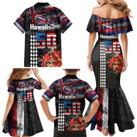 Hawaii Statehood Day Family Matching Mermaid Dress and Hawaiian Shirt 50th state of the United States Kakau Tattoos and Hibiscus Grunge - Polynesian Pride