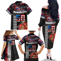 Hawaii Statehood Day Family Matching Off The Shoulder Long Sleeve Dress and Hawaiian Shirt 50th state of the United States Kakau Tattoos and Hibiscus Grunge - Polynesian Pride