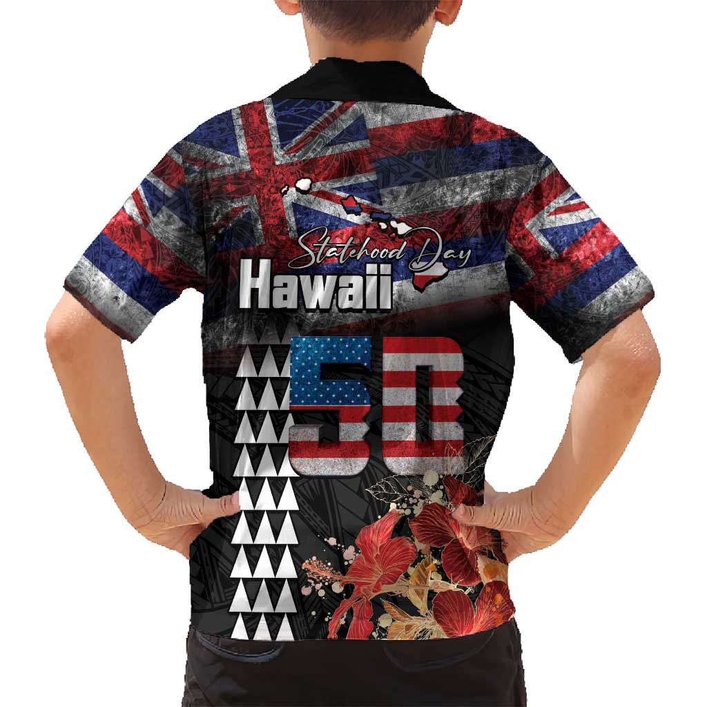 Hawaii Statehood Day Family Matching Off Shoulder Maxi Dress and Hawaiian Shirt 50th state of the United States Kakau Tattoos and Hibiscus Grunge - Polynesian Pride
