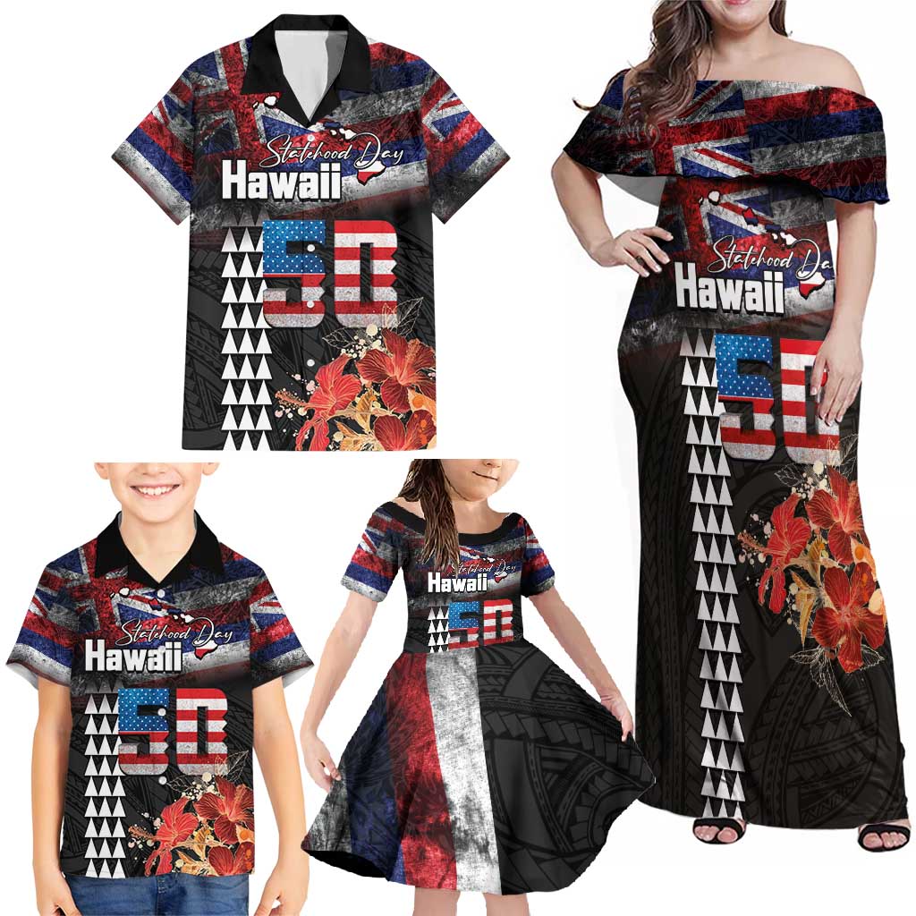 Hawaii Statehood Day Family Matching Off Shoulder Maxi Dress and Hawaiian Shirt 50th state of the United States Kakau Tattoos and Hibiscus Grunge - Polynesian Pride