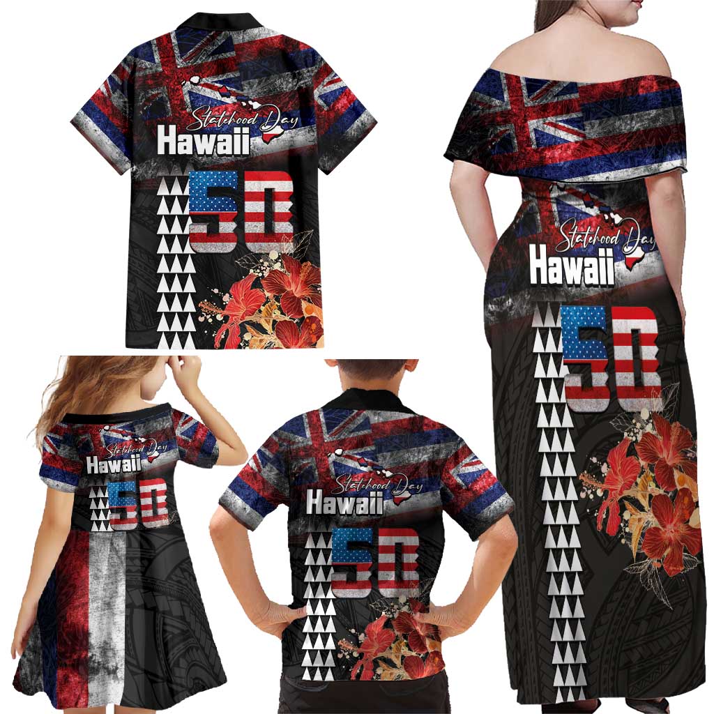 Hawaii Statehood Day Family Matching Off Shoulder Maxi Dress and Hawaiian Shirt 50th state of the United States Kakau Tattoos and Hibiscus Grunge - Polynesian Pride