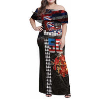 Hawaii Statehood Day Family Matching Off Shoulder Maxi Dress and Hawaiian Shirt 50th state of the United States Kakau Tattoos and Hibiscus Grunge - Polynesian Pride