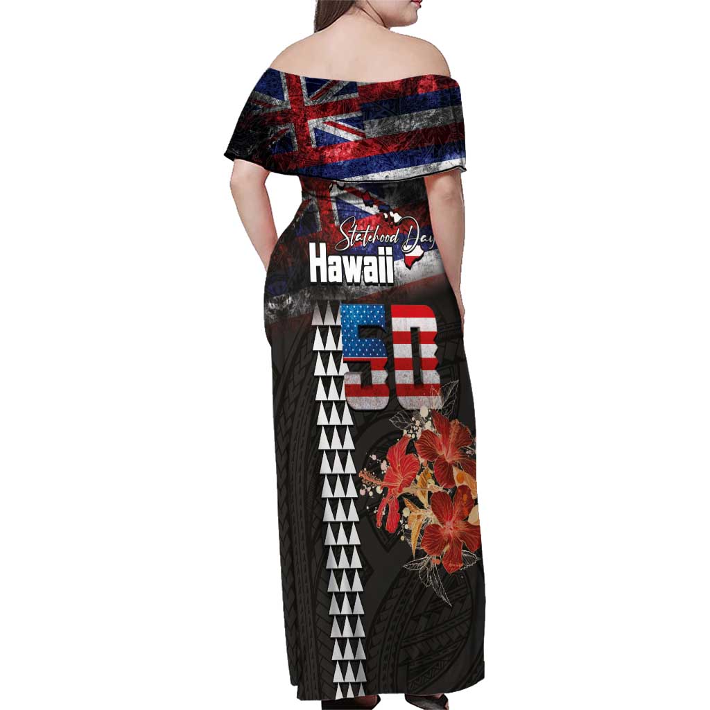 Hawaii Statehood Day Family Matching Off Shoulder Maxi Dress and Hawaiian Shirt 50th state of the United States Kakau Tattoos and Hibiscus Grunge - Polynesian Pride