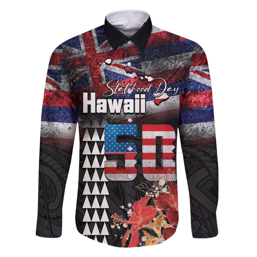 Hawaii Statehood Day Family Matching Off Shoulder Short Dress and Hawaiian Shirt 50th state of the United States Kakau Tattoos and Hibiscus Grunge - Polynesian Pride