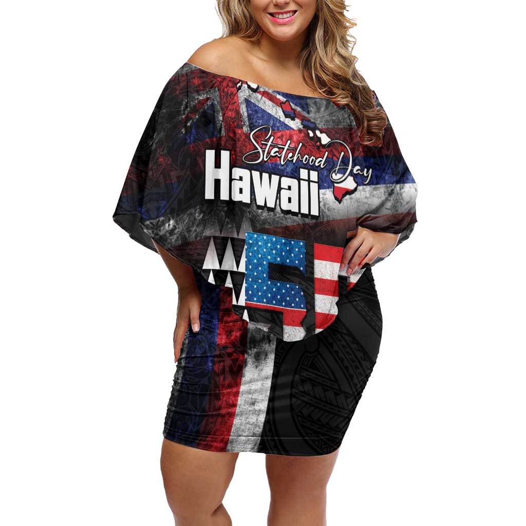 Hawaii Statehood Day Family Matching Off Shoulder Short Dress and Hawaiian Shirt 50th state of the United States Kakau Tattoos and Hibiscus Grunge - Polynesian Pride