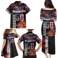 Hawaii Statehood Day Family Matching Puletasi and Hawaiian Shirt 50th state of the United States Kakau Tattoos and Hibiscus Grunge - Polynesian Pride