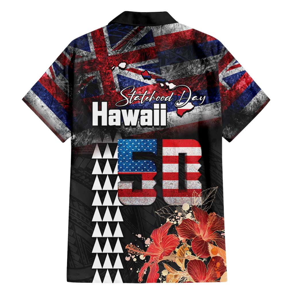 Hawaii Statehood Day Family Matching Puletasi and Hawaiian Shirt 50th state of the United States Kakau Tattoos and Hibiscus Grunge - Polynesian Pride