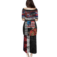 Hawaii Statehood Day Family Matching Puletasi and Hawaiian Shirt 50th state of the United States Kakau Tattoos and Hibiscus Grunge - Polynesian Pride