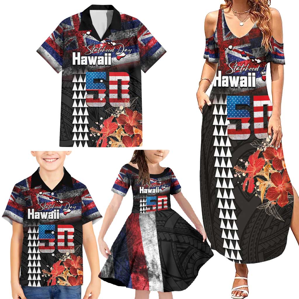 Hawaii Statehood Day Family Matching Summer Maxi Dress and Hawaiian Shirt 50th state of the United States Kakau Tattoos and Hibiscus Grunge - Polynesian Pride
