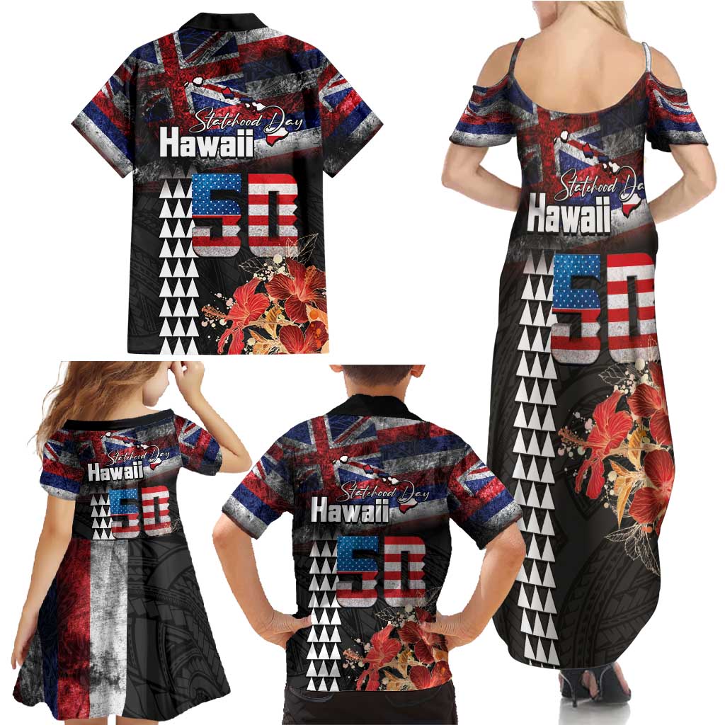 Hawaii Statehood Day Family Matching Summer Maxi Dress and Hawaiian Shirt 50th state of the United States Kakau Tattoos and Hibiscus Grunge - Polynesian Pride