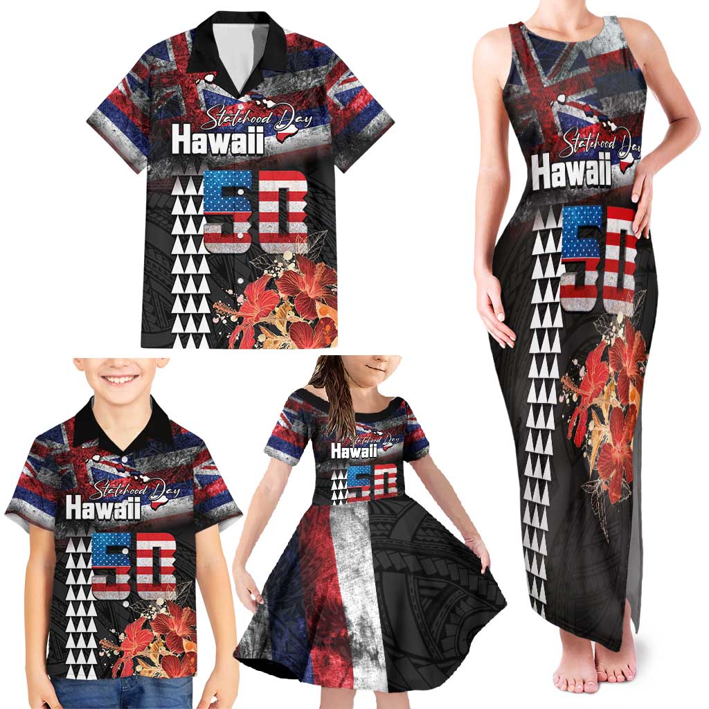 Hawaii Statehood Day Family Matching Tank Maxi Dress and Hawaiian Shirt 50th state of the United States Kakau Tattoos and Hibiscus Grunge - Polynesian Pride