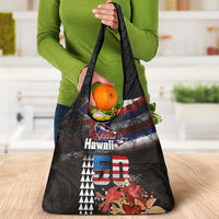 Hawaii Statehood Day Grocery Bag 50th state of the United States Kakau Tattoos and Hibiscus Grunge - Polynesian Pride