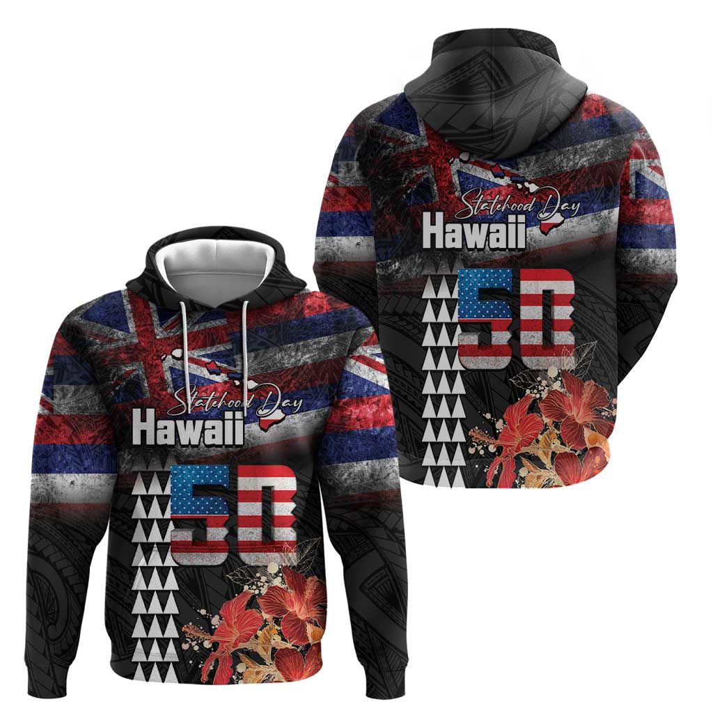 Hawaii Statehood Day Hoodie 50th state of the United States Kakau Tattoos and Hibiscus Grunge - Polynesian Pride