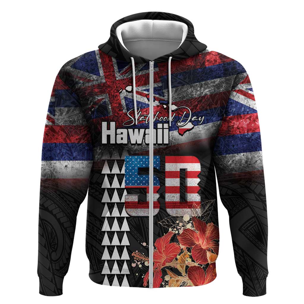 Hawaii Statehood Day Hoodie 50th state of the United States Kakau Tattoos and Hibiscus Grunge - Polynesian Pride