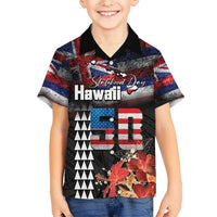 Hawaii Statehood Day Kid Hawaiian Shirt 50th state of the United States Kakau Tattoos and Hibiscus Grunge LT03 Kid Black - Polynesian Pride