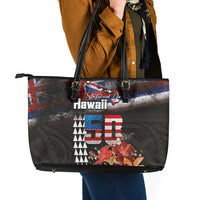Hawaii Statehood Day Leather Tote Bag 50th state of the United States Kakau Tattoos and Hibiscus Grunge - Polynesian Pride