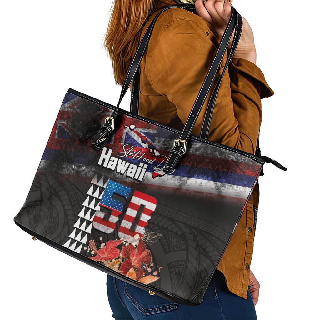 Hawaii Statehood Day Leather Tote Bag 50th state of the United States Kakau Tattoos and Hibiscus Grunge - Polynesian Pride