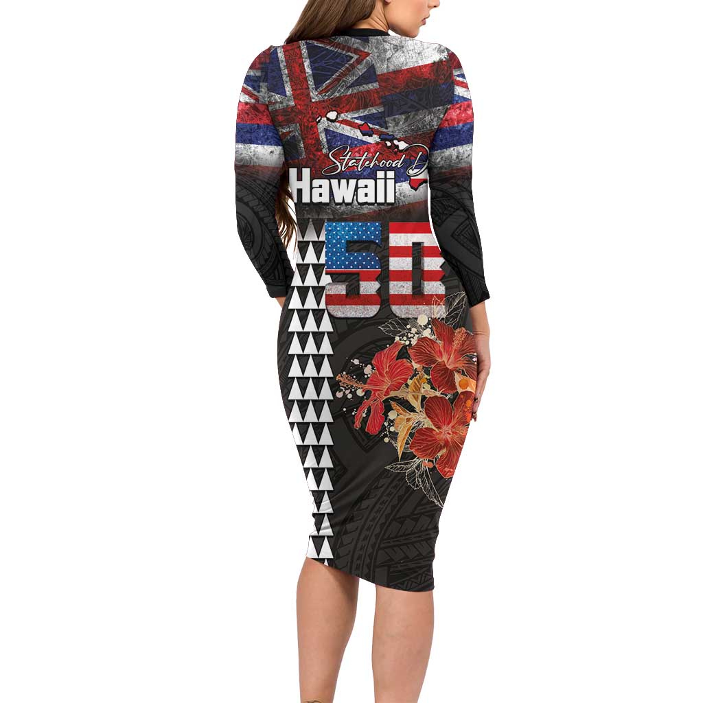 Hawaii Statehood Day Long Sleeve Bodycon Dress 50th state of the United States Kakau Tattoos and Hibiscus Grunge - Polynesian Pride