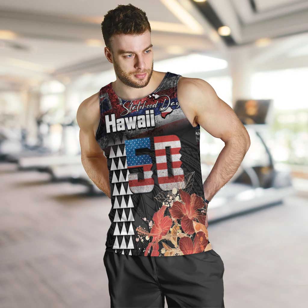 Hawaii Statehood Day Men Tank Top 50th state of the United States Kakau Tattoos and Hibiscus Grunge - Polynesian Pride