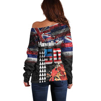Hawaii Statehood Day Off Shoulder Sweater 50th state of the United States Kakau Tattoos and Hibiscus Grunge - Polynesian Pride