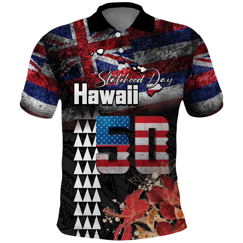 Hawaii Statehood Day Polo Shirt 50th state of the United States Kakau Tattoos and Hibiscus Grunge - Polynesian Pride