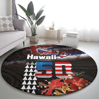Hawaii Statehood Day Round Carpet 50th state of the United States Kakau Tattoos and Hibiscus Grunge - Polynesian Pride