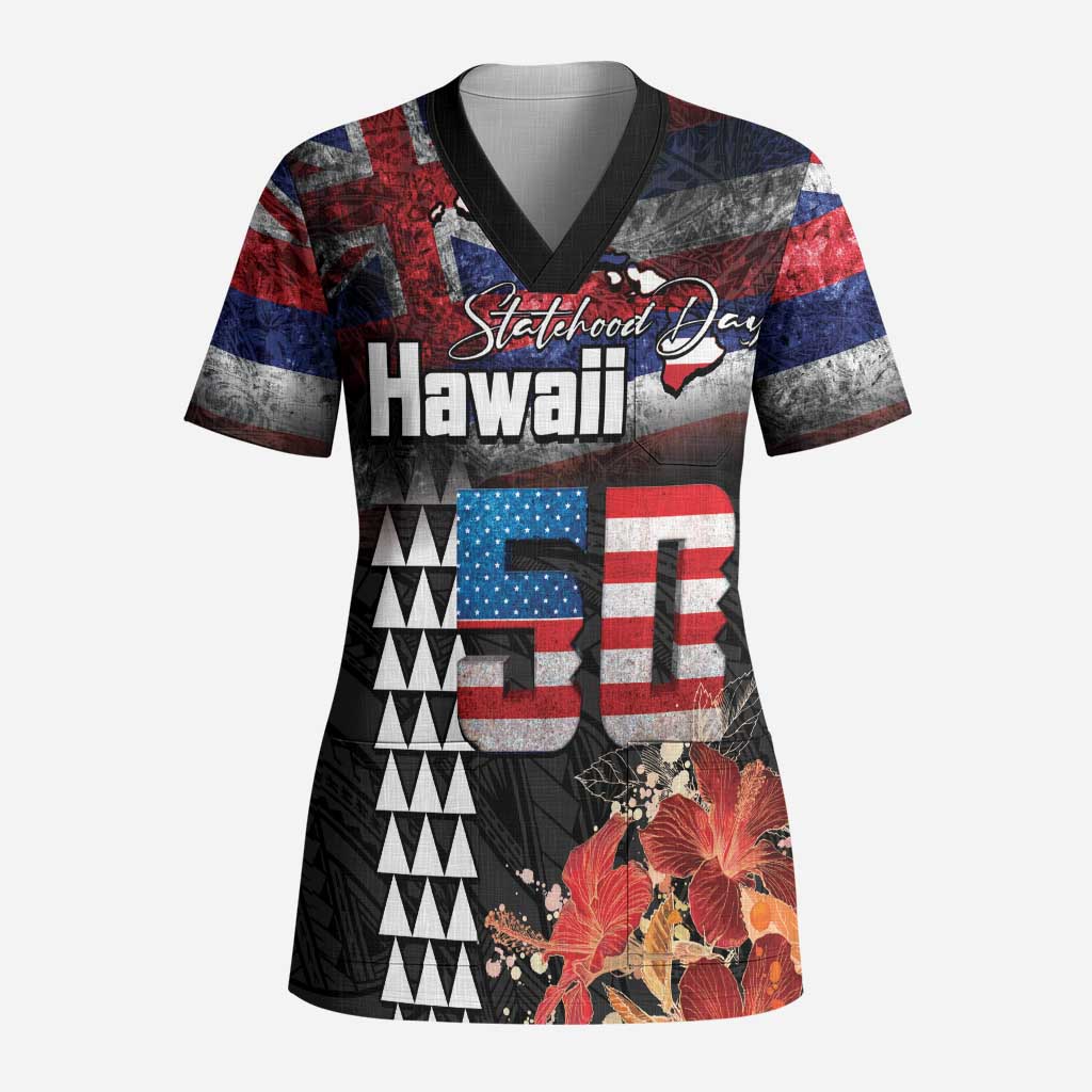 Hawaii Statehood Day Scrub Top 50th state of the United States Kakau Tattoos and Hibiscus Grunge - Polynesian Pride