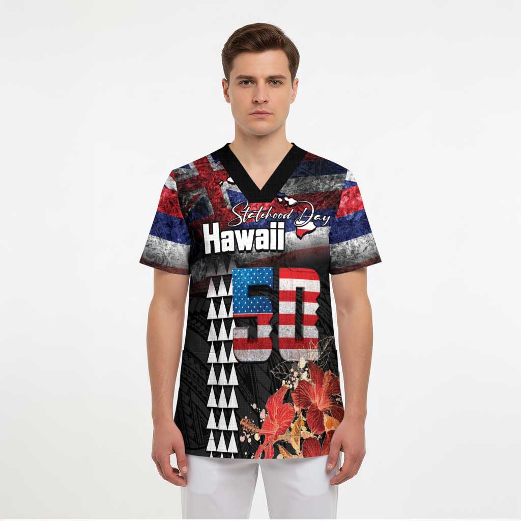 Hawaii Statehood Day Scrub Top 50th state of the United States Kakau Tattoos and Hibiscus Grunge - Polynesian Pride