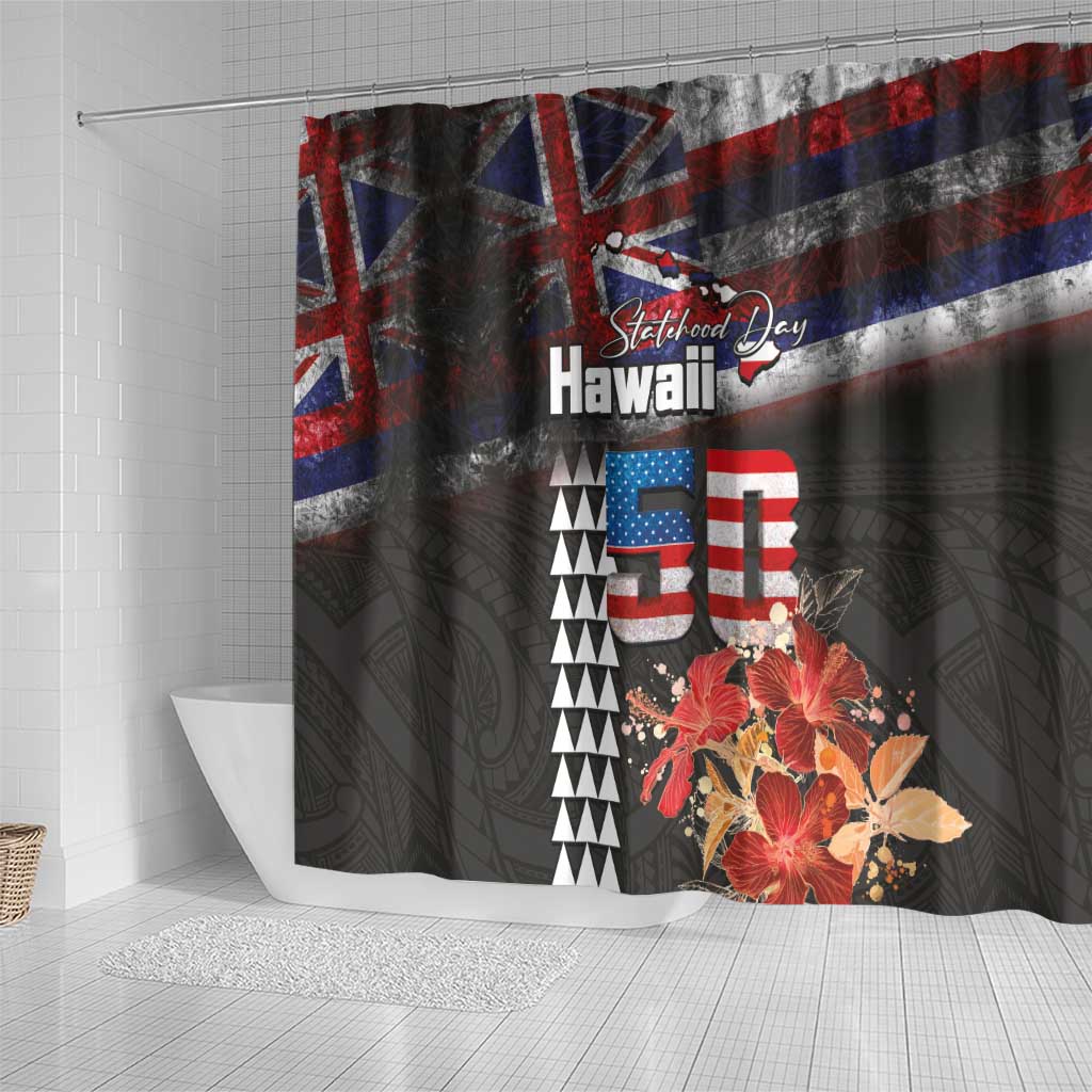 Hawaii Statehood Day Shower Curtain 50th state of the United States Kakau Tattoos and Hibiscus Grunge - Polynesian Pride