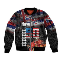 Hawaii Statehood Day Sleeve Zip Bomber Jacket 50th state of the United States Kakau Tattoos and Hibiscus Grunge - Polynesian Pride