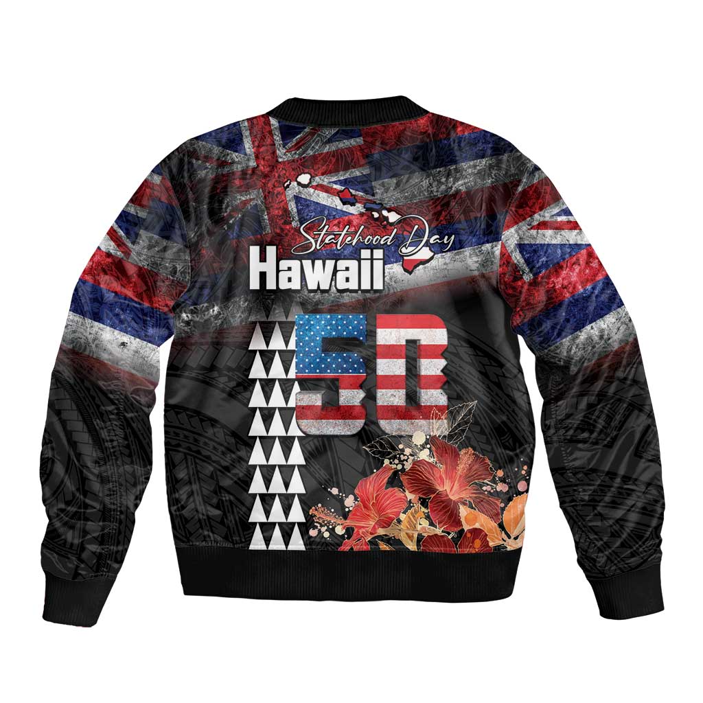 Hawaii Statehood Day Sleeve Zip Bomber Jacket 50th state of the United States Kakau Tattoos and Hibiscus Grunge - Polynesian Pride
