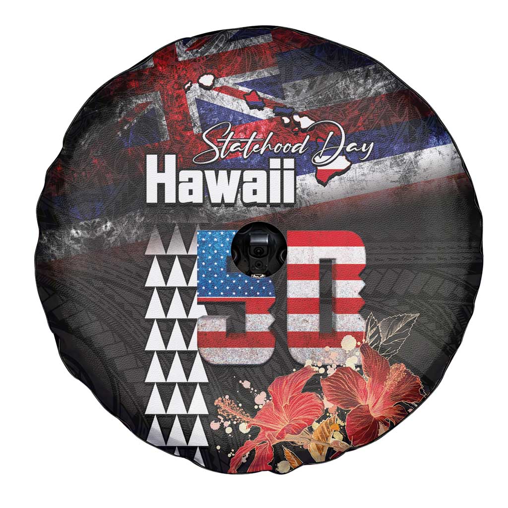 Hawaii Statehood Day Spare Tire Cover 50th state of the United States Kakau Tattoos and Hibiscus Grunge - Polynesian Pride