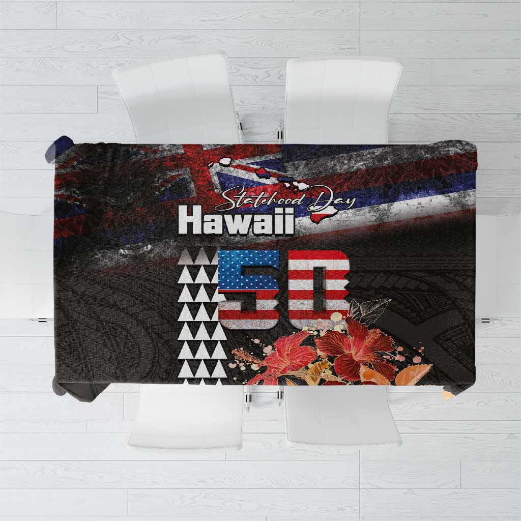 Hawaii Statehood Day Tablecloth 50th state of the United States Kakau Tattoos and Hibiscus Grunge - Polynesian Pride