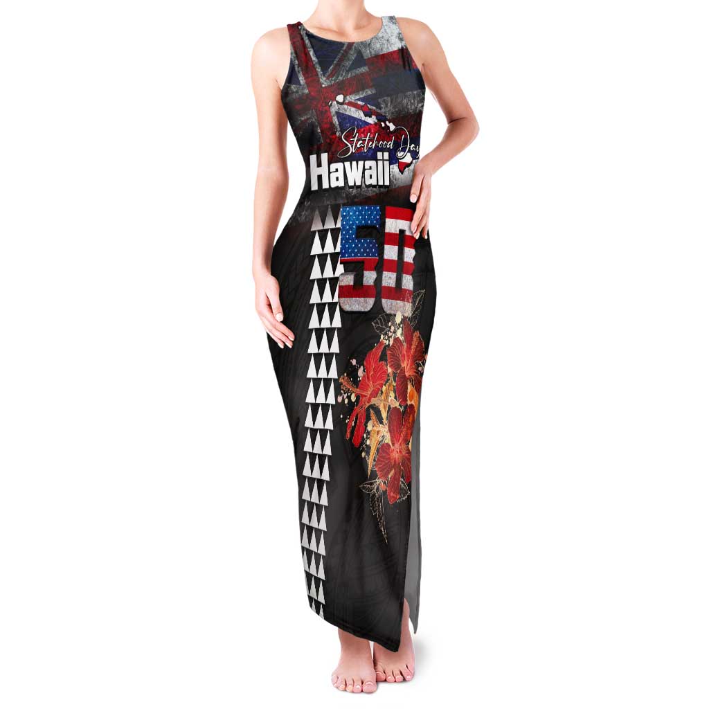 Hawaii Statehood Day Tank Maxi Dress 50th state of the United States Kakau Tattoos and Hibiscus Grunge - Polynesian Pride