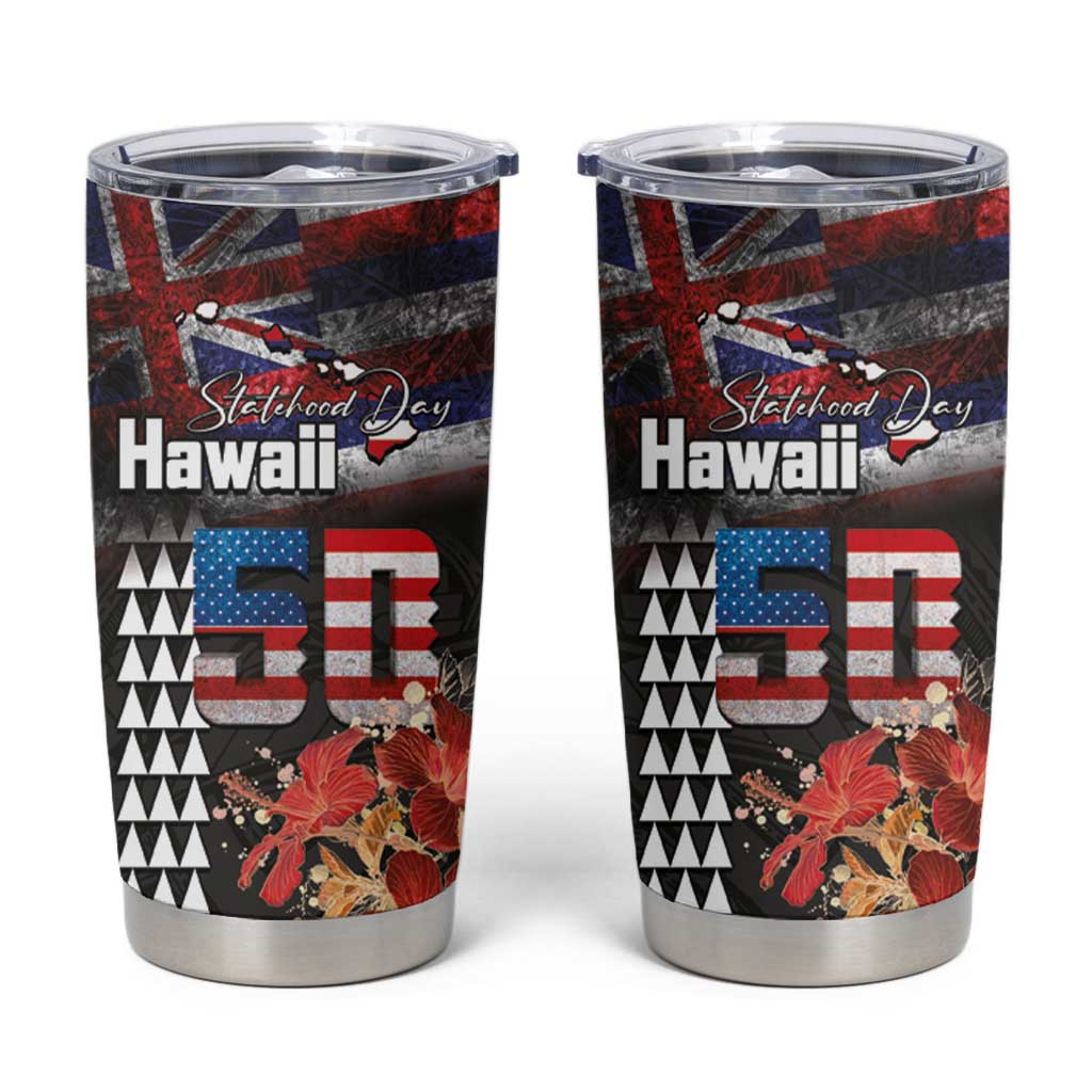 Hawaii Statehood Day Tumbler Cup 50th state of the United States Kakau Tattoos and Hibiscus Grunge - Polynesian Pride