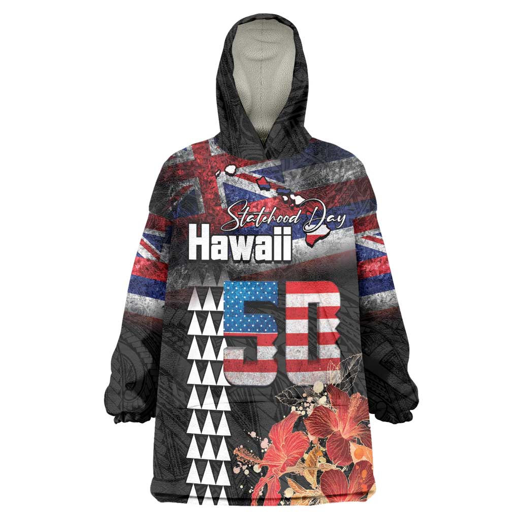 Hawaii Statehood Day Wearable Blanket Hoodie 50th state of the United States Kakau Tattoos and Hibiscus Grunge - Polynesian Pride