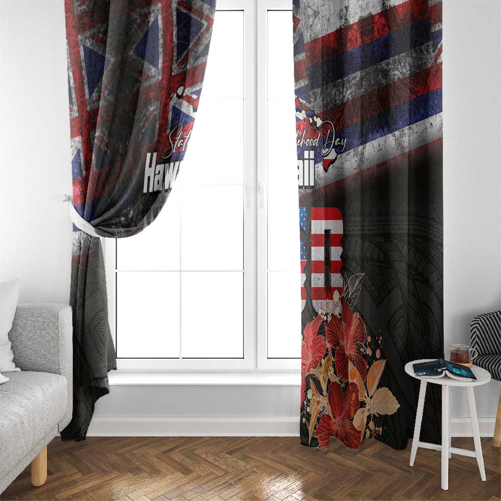 Hawaii Statehood Day Window Curtain 50th state of the United States Kakau Tattoos and Hibiscus Grunge - Polynesian Pride