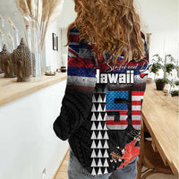 Hawaii Statehood Day Women Casual Shirt 50th state of the United States Kakau Tattoos and Hibiscus Grunge - Polynesian Pride