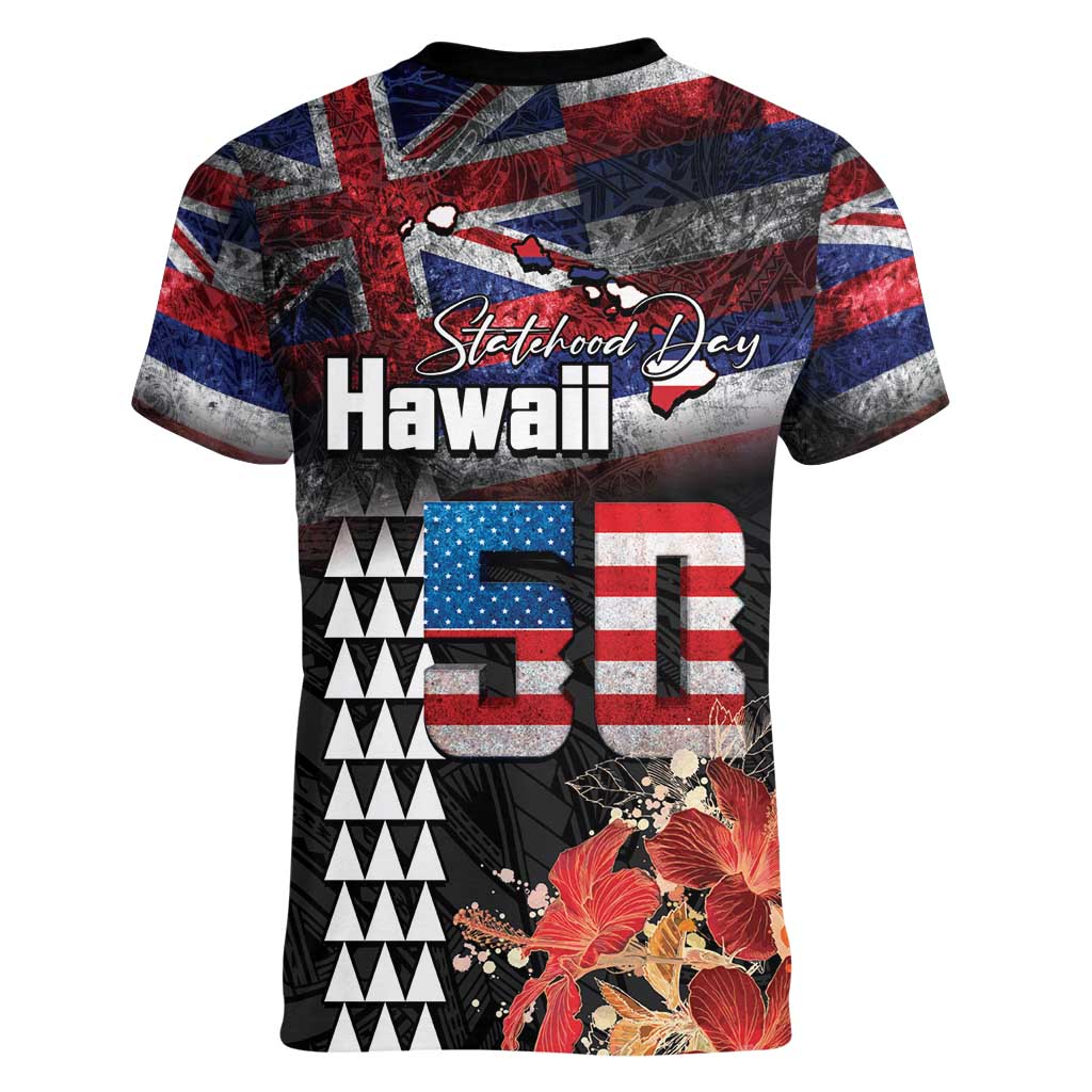 Hawaii Statehood Day Women V-Neck T-Shirt 50th state of the United States Kakau Tattoos and Hibiscus Grunge - Polynesian Pride